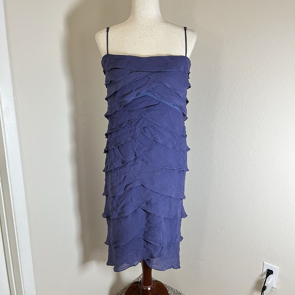 VTG Tadashi Navy Blue Slip Dress Tiered Ruffle SILK Formal Gown Sz 14